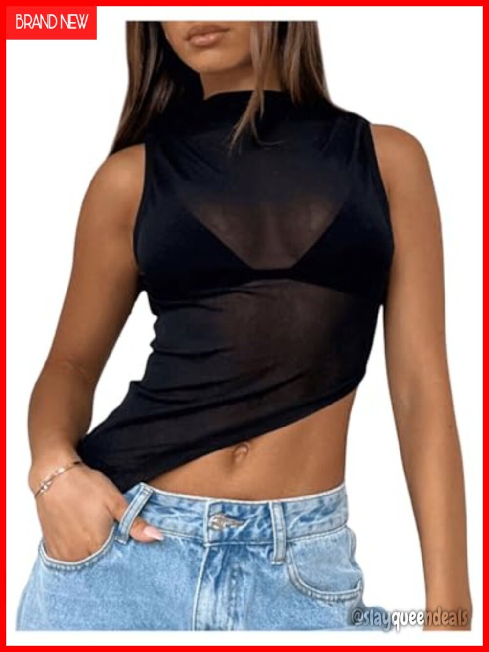 Sheer Mesh Mock Neck Sleeveless Crop Tank Top Slim Fit Irregular Hem